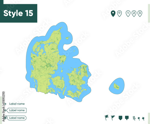 Denmark - map with shaded relief, land cover, rivers, lakes, mountains. Biome map.