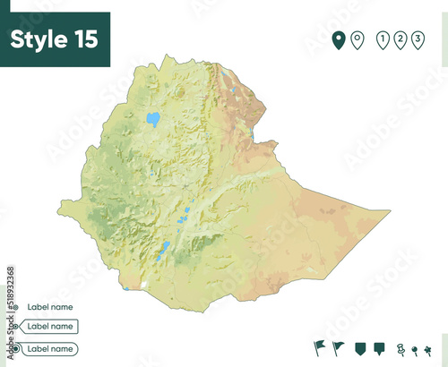 Ethiopia - map with shaded relief, land cover, rivers, lakes, mountains. Biome map.