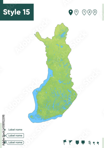 Finland - map with shaded relief, land cover, rivers, lakes, mountains. Biome map.