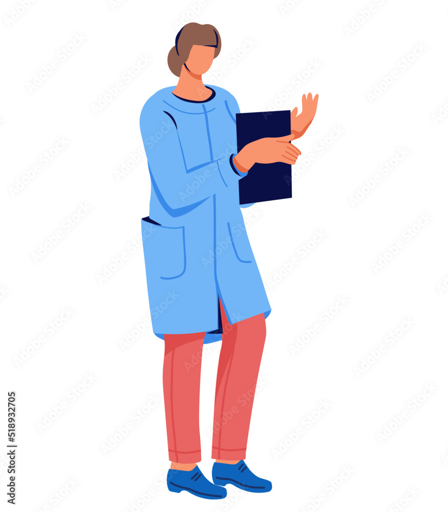 Doctor female character standing with file folder, flat vector illustration isolated on white background. Doctor female character standing with file folder, flat vector illustration isolated on white background.