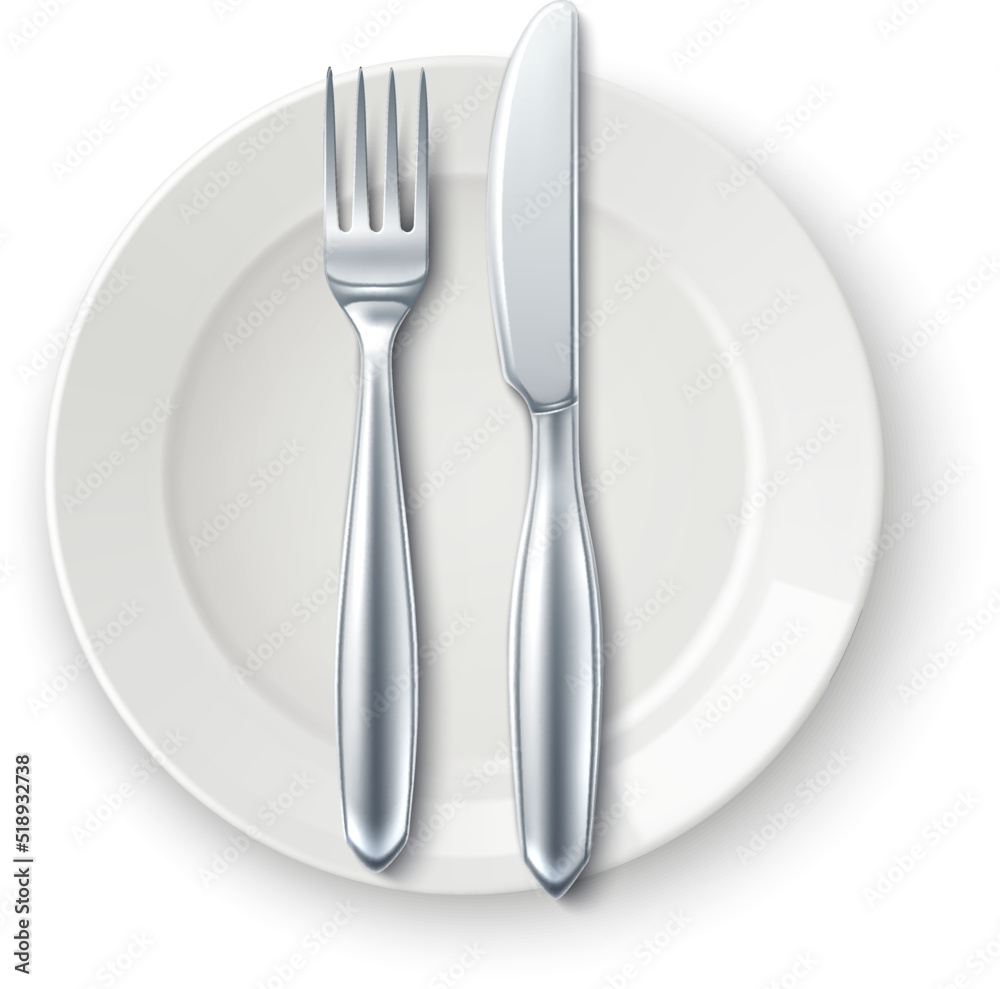 Realistic cutlery on plate. Finished meal waiter signal Realistic cutlery on plate. Finished meal waiter signal
