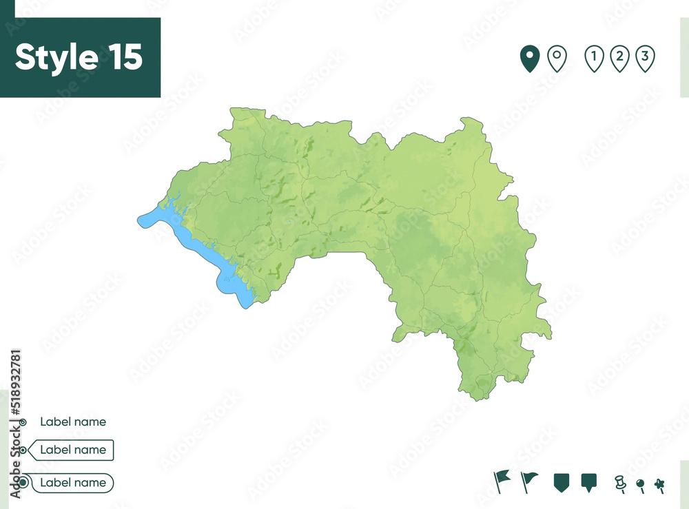 Fototapeta premium Guinea - map with shaded relief, land cover, rivers, lakes, mountains. Biome map.