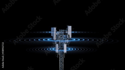 Canvas-taulu 3D Rendering of mobile phone signal repeater station tower with abstract data transmission circular waves on dark background