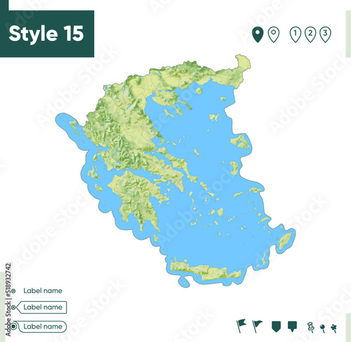 Greece - map with shaded relief, land cover, rivers, lakes, mountains. Biome map.