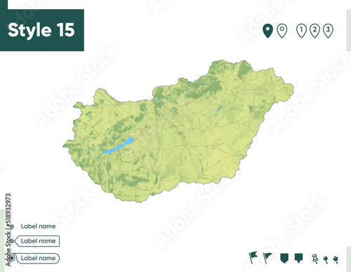 Hungary - map with shaded relief, land cover, rivers, lakes, mountains. Biome map.