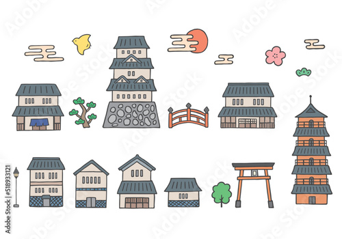 和風の建物手描きイラストセット（カラー）
