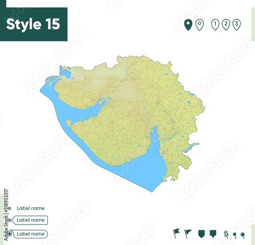 Gujarat, India - map with shaded relief, land cover, rivers, lakes, mountains. Biome map.