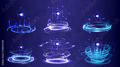 Product showing base. Neon lighting circle base. Portal and hologram science futuristic. Sci-fi digital in glowing display. Magic gate in game fantasy. Teleport podium