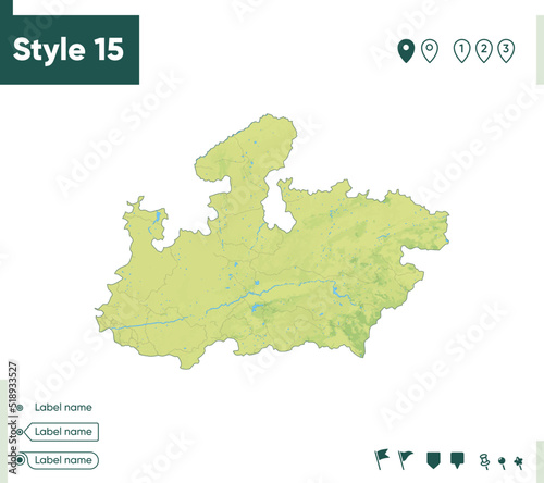 Madhya Pradesh, India - map with shaded relief, land cover, rivers, lakes, mountains. Biome map.