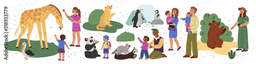 Zoo visitors. People in zoological garden. Exotic animals and human families. Safari park. Parent with children watching fauna. Kids feeding giraffe. Summer leisure. Garish vector set