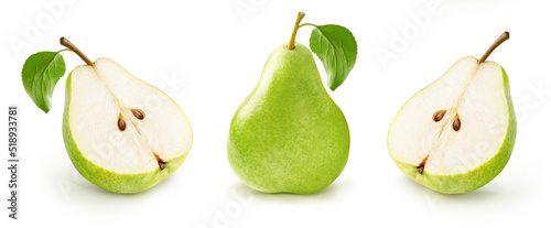 Green pear with pear leaf and half of pear isolated on white background.