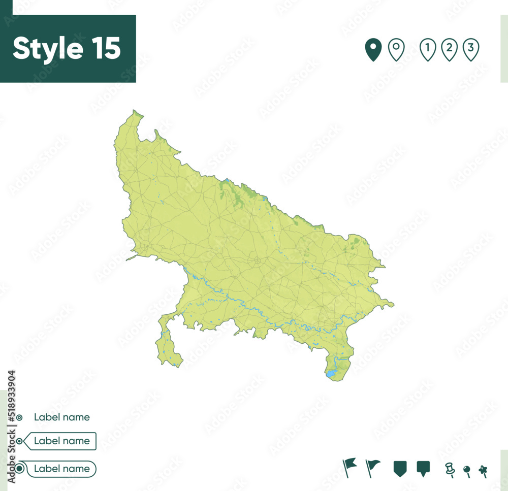 Uttar Pradesh, India - map with shaded relief, land cover, rivers, lakes, mountains. Biome map.