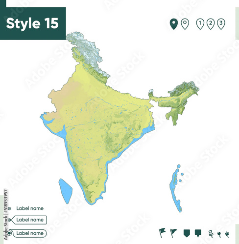 India - map with shaded relief, land cover, rivers, lakes, mountains. Biome map.