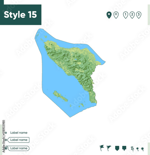 Aceh, Indonesia - map with shaded relief, land cover, rivers, lakes, mountains. Biome map.