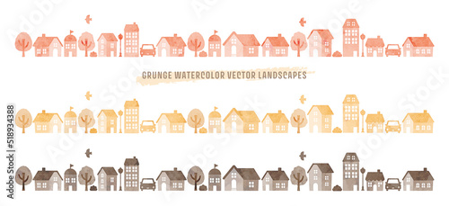 Watercolor illustration of houses and trees set