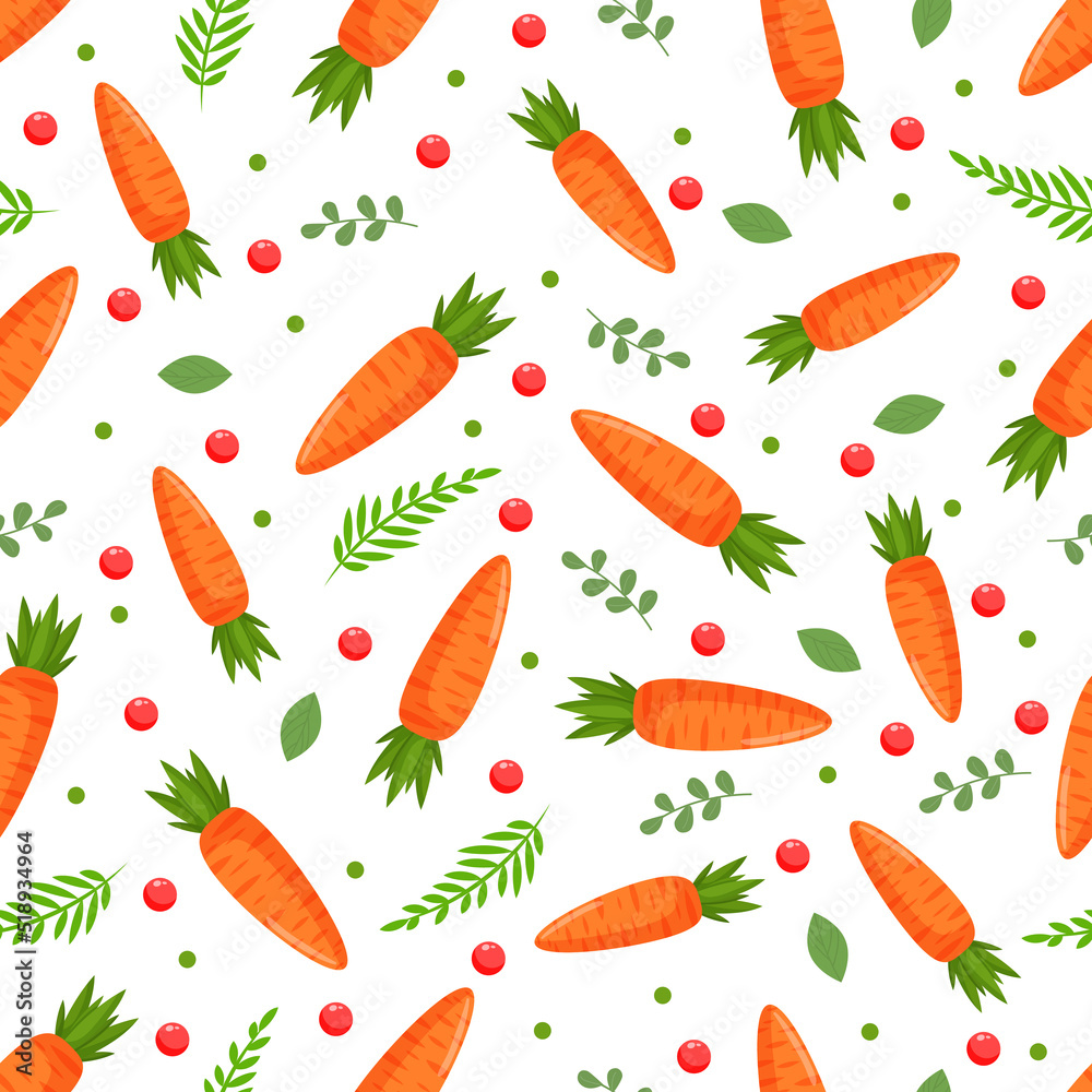 Seamless pattern with orange carrots, green leaves and summer berries. Vector illustration for fabrics, textures, wallpapers, posters, cards. Editable elements. Seamless pattern with orange carrots, green leaves and summer berries. Vector illustration for fabrics, textures, wallpapers, posters, cards. Editable elements.