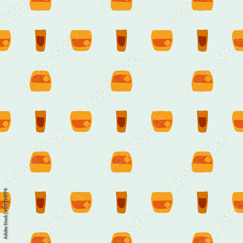 Whiskey and rum glass seamless pattern, great design for any purposes. Doodle style. Color hand drawn image. Repeat template. Party drinks concept. Freehand drawing. Cartoon sketch graphic draft