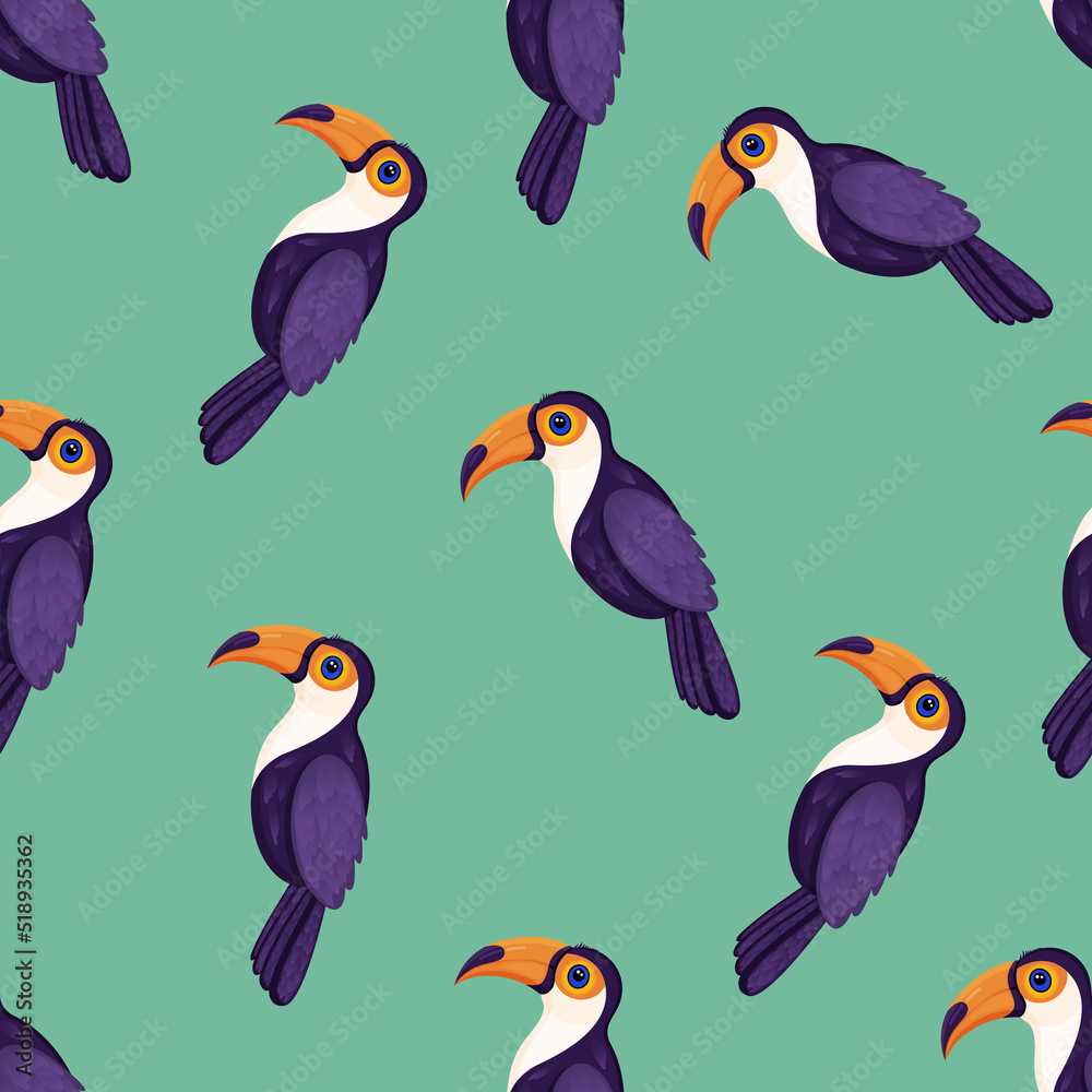 Fototapeta premium Seamless texture with tropical bird toucan. Pattern vector illustration.