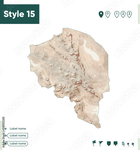 Kerman, Iran - map with shaded relief, land cover, rivers, lakes, mountains. Biome map.