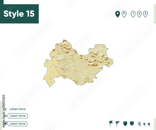 Kermanshah, Iran - map with shaded relief, land cover, rivers, lakes, mountains. Biome map.