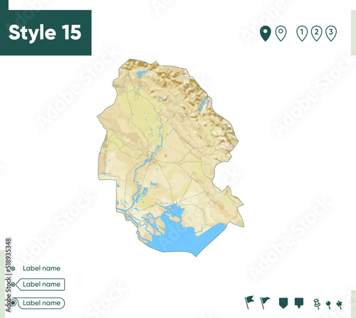 Khuzestan, Iran - map with shaded relief, land cover, rivers, lakes, mountains. Biome map.