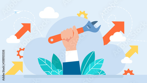 Adjustable wrench. Man's hand holds a spanner. Close up. Repairs, maintenance, construction concept. Technical service, repairs, customer support, mechanical processes. Flat design Vector illustration