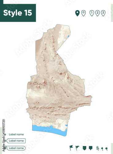 Sistan And Baluchestan, Iran - map with shaded relief, land cover, rivers, lakes, mountains. Biome map. photo