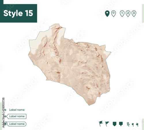 South Khorasan, Iran - map with shaded relief, land cover, rivers, lakes, mountains. Biome map.