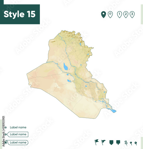 Iraq - map with shaded relief, land cover, rivers, lakes, mountains. Biome map.