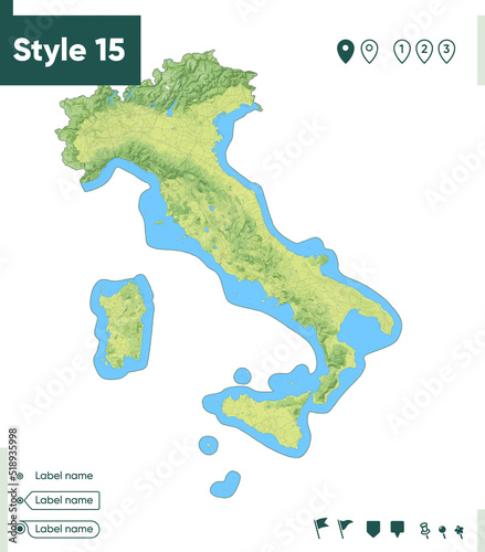 Italy - map with shaded relief, land cover, rivers, lakes, mountains. Biome map.