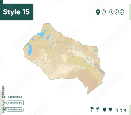 Kyzylorda, Kazakhstan - map with shaded relief, land cover, rivers, lakes, mountains. Biome map.