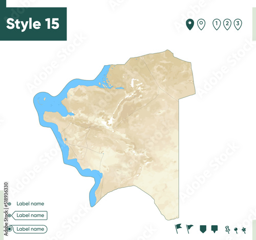 Mangystau, Kazakhstan - map with shaded relief, land cover, rivers, lakes, mountains. Biome map.