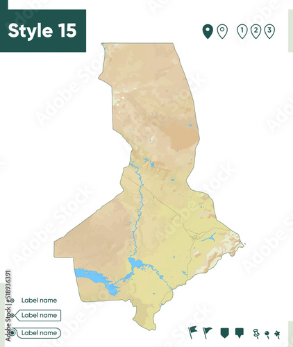 Turkistan, Kazakhstan - map with shaded relief, land cover, rivers, lakes, mountains. Biome map.