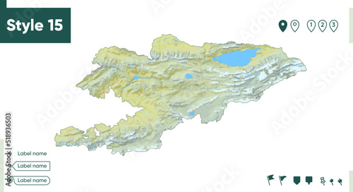 Kyrgyzstan - map with shaded relief, land cover, rivers, lakes, mountains. Biome map.
