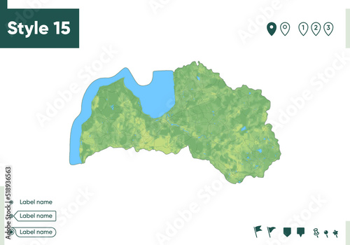 Latvia - map with shaded relief, land cover, rivers, lakes, mountains. Biome map.