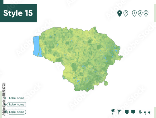 Lithuania - map with shaded relief, land cover, rivers, lakes, mountains. Biome map.