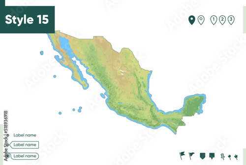 Mexico - map with shaded relief, land cover, rivers, lakes, mountains. Biome map.