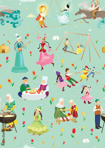 Pattern of people on the Nauryz holiday. Kazakhs in national clothes. Children's illustration. photo