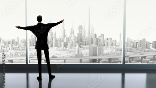 Happy, successful businessman looks over the City from his office. 3D rendering illustration.
