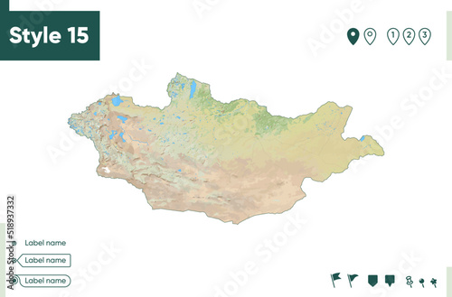 Mongolia - map with shaded relief, land cover, rivers, lakes, mountains. Biome map.