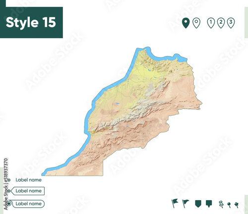 Morocco - map with shaded relief, land cover, rivers, lakes, mountains. Biome map.