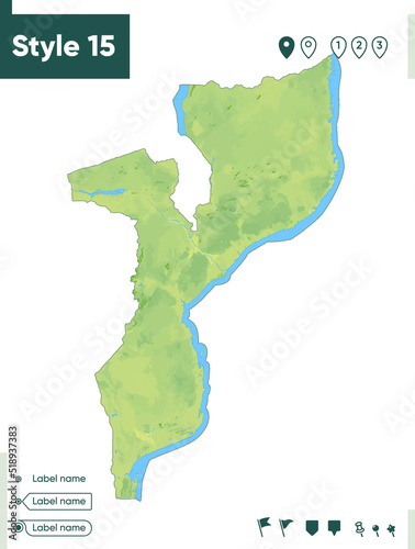 Mozambique - map with shaded relief, land cover, rivers, lakes, mountains. Biome map.