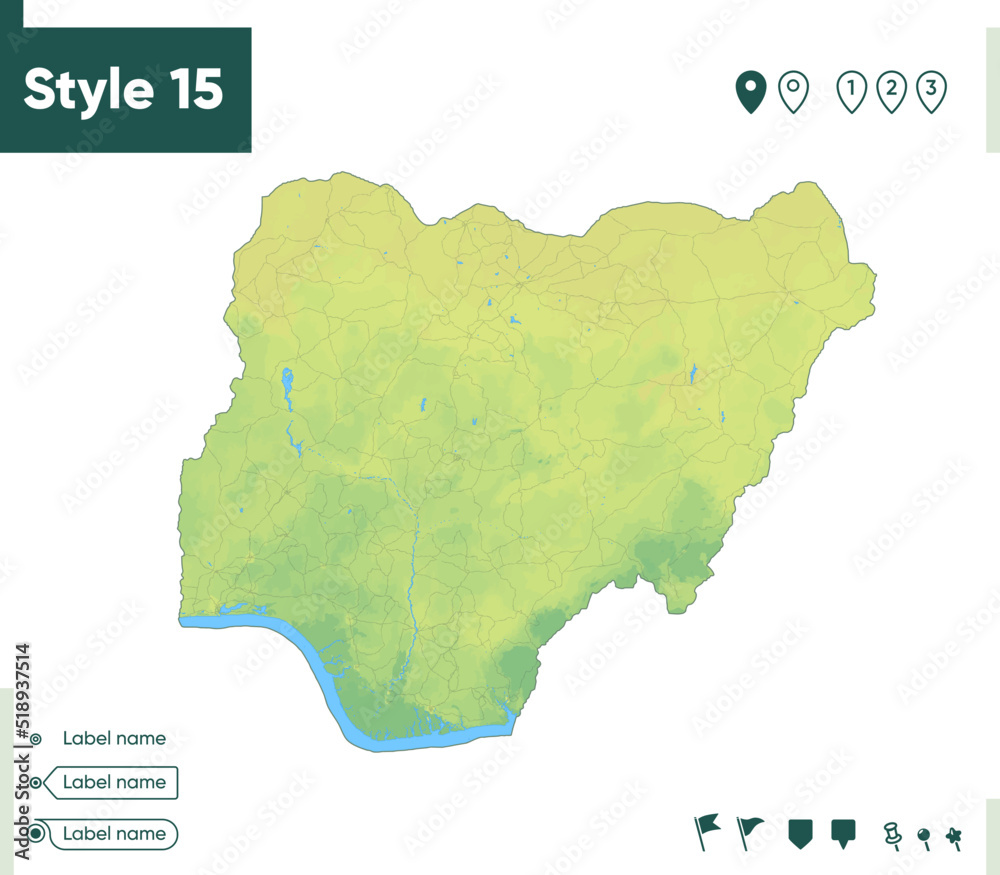 Nigeria - map with shaded relief, land cover, rivers, lakes, mountains. Biome map.