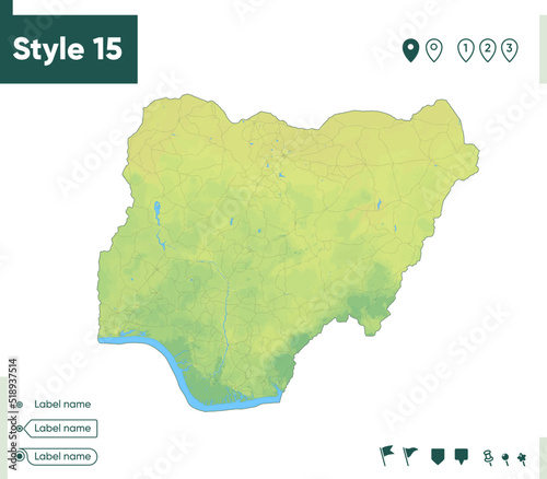 Nigeria - map with shaded relief, land cover, rivers, lakes, mountains. Biome map.