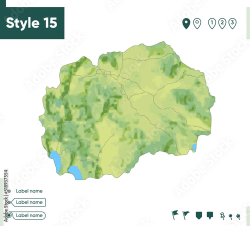North Macedonia - map with shaded relief, land cover, rivers, lakes, mountains. Biome map.