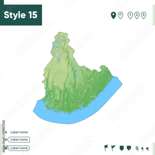 Agder, Norway - map with shaded relief, land cover, rivers, lakes, mountains. Biome map.