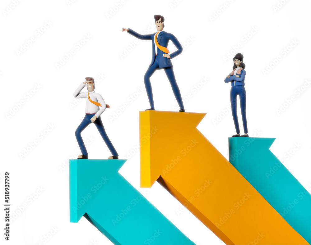3D rendering illustration. Business people stand on big arrows pointing up. Success, achievement, professional career concept 3D rendering illustration. Business people stand on big arrows pointing up. Success, achievement, professional career concept