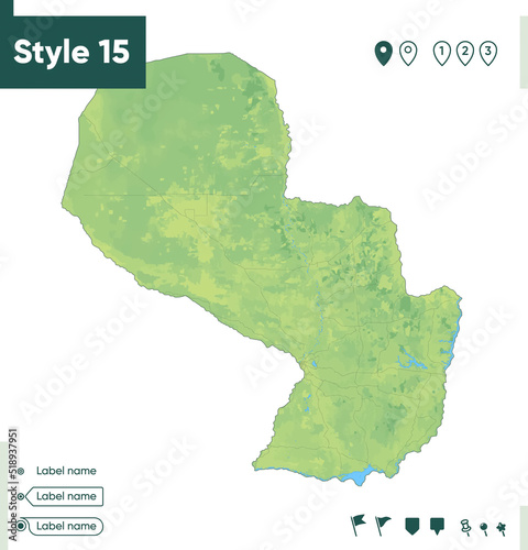 Paraguay - map with shaded relief, land cover, rivers, lakes, mountains. Biome map.