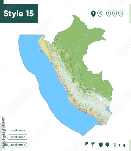 Peru - map with shaded relief, land cover, rivers, lakes, mountains. Biome map.
