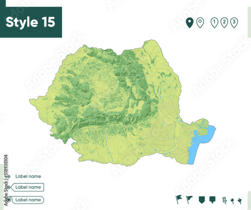 Romania - map with shaded relief, land cover, rivers, lakes, mountains. Biome map.